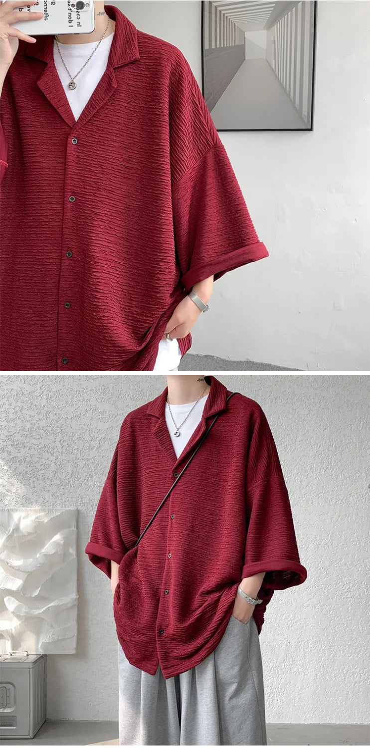 Streetwear Shirts Solid Color Loose Temperament Handsome Button Three Quarter Sleeve V-neck Spring Summer Men's Clothing 2023