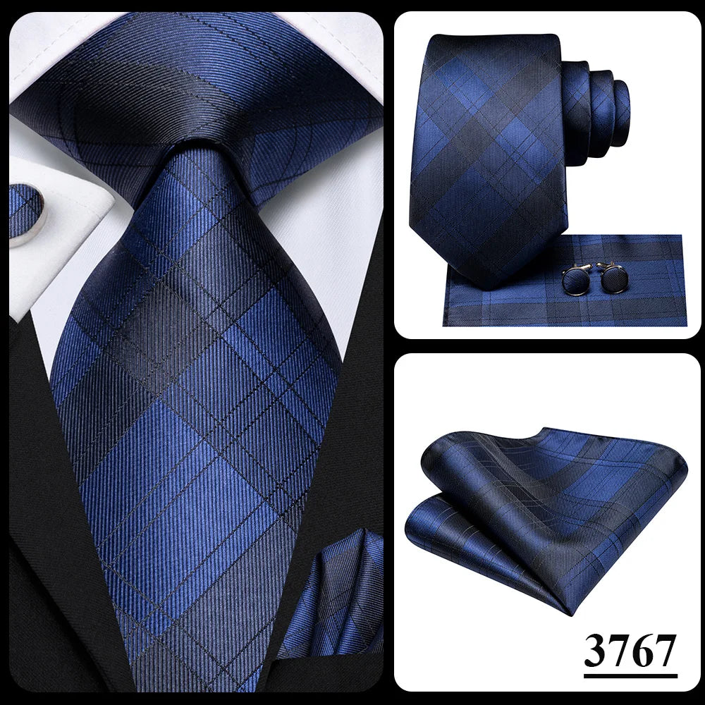 Hi-Tie Plaid Silk Tie For Men Elegant Mens Blue Grey Necktie Pocket Square Cufflink Groom Wedding Accessory Wholesale Designer