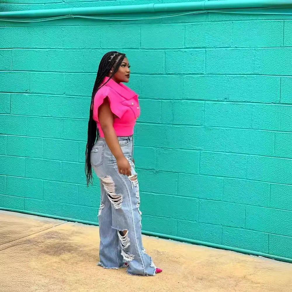 Jeans Women Long Pants Elegant Splice Denim Pant Slim Fit Sexy Hole High Waist Button Pocket Straight Trousers Summer 2024