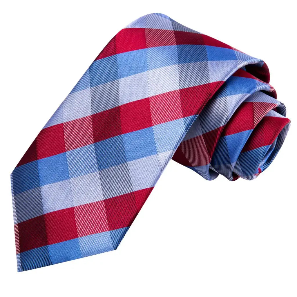Hi-Tie Plaid Silk Tie For Men Elegant Mens Blue Grey Necktie Pocket Square Cufflink Groom Wedding Accessory Wholesale Designer