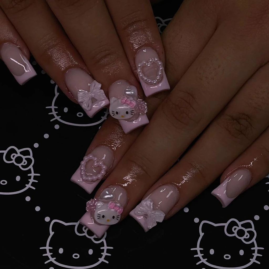 24 Medium Square Nail Pink French Cute Cartoon Cat White Love Camellia Nail Patch Jelly Powder Bow Wear Nail Set