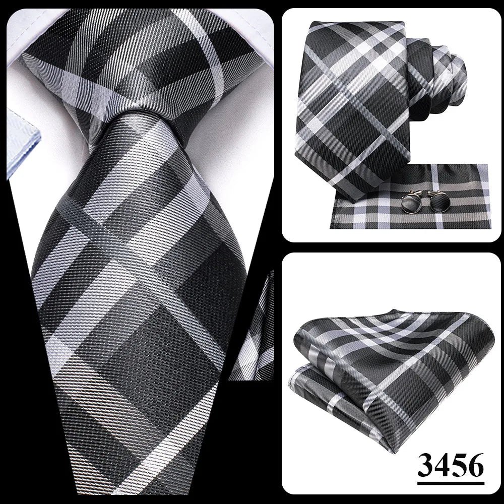 Hi-Tie Plaid Silk Tie For Men Elegant Mens Blue Grey Necktie Pocket Square Cufflink Groom Wedding Accessory Wholesale Designer