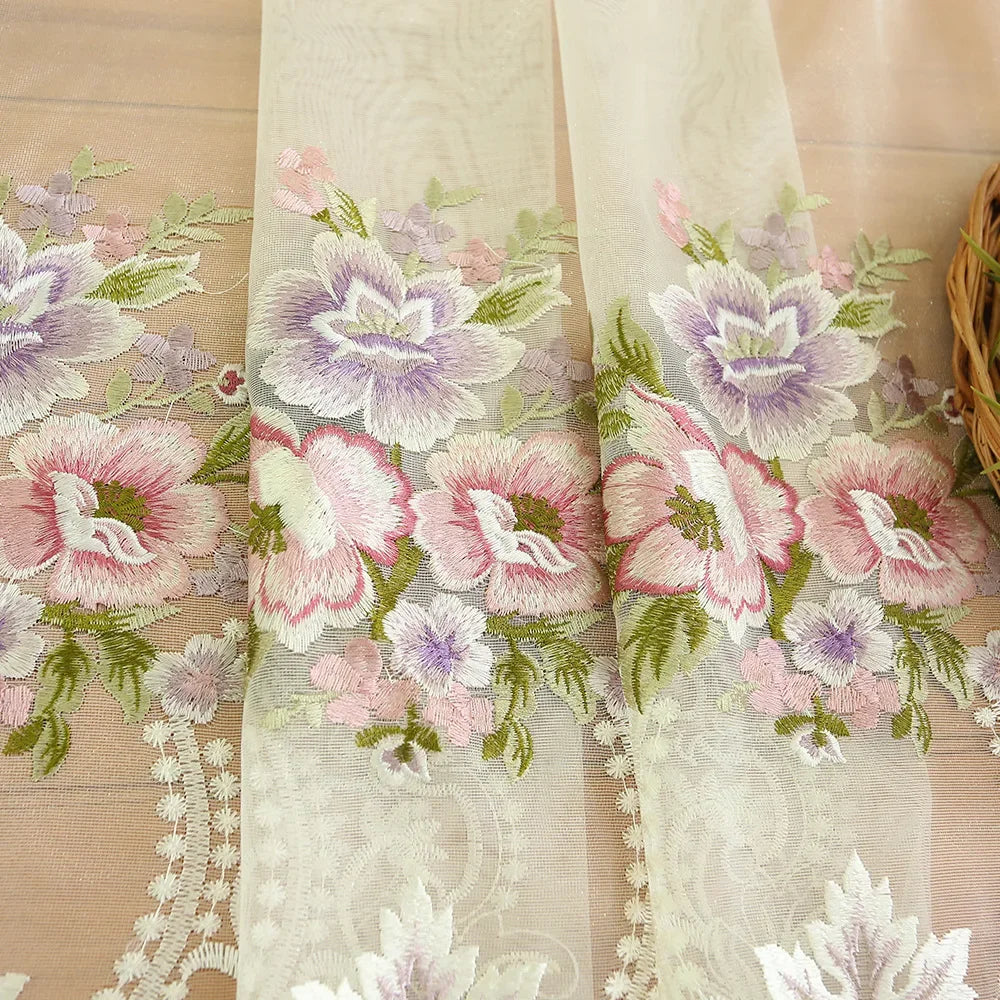 European-style Curtain for Living Dining Room Bedroom Light Luxury Beige Chenille Embroidered Valance Window Tulle Screen Custom