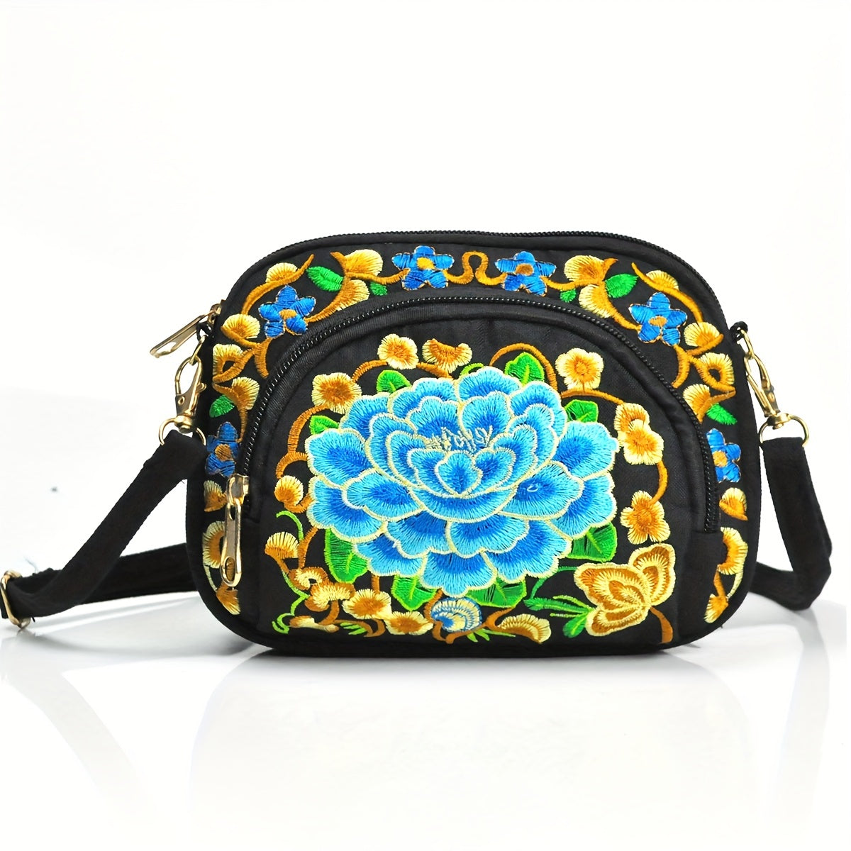Vibrant Floral Embroidered Crossbody Bag for Women - Lightweight, Double-Sided Design with Detachable Strap, Zipper Closure, and Phone Pocket - Perfect for Casual Outings, Travel Accessory | Vibrant Pattern Bag | Coin Purse