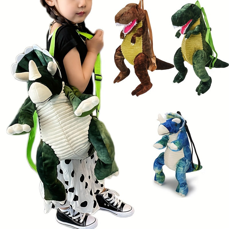 Youngsters' Dinosaur Backpack - Adorable T-Rex & Triceratops Plush Designs, Lightweight Corduroy with Adjustable Straps, Zip Closure, Nylon Lining - Ideal for Party Wear & Everyday Fun, Dinosaur Toys