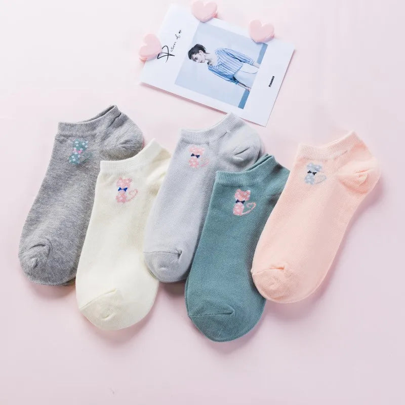 5 Pairs Women Cute Cat Socks Short Ankle Socks Cartoon Animal Kitten Korean Fashion Girls Kawaii Casual Socks Calcetines Mujer