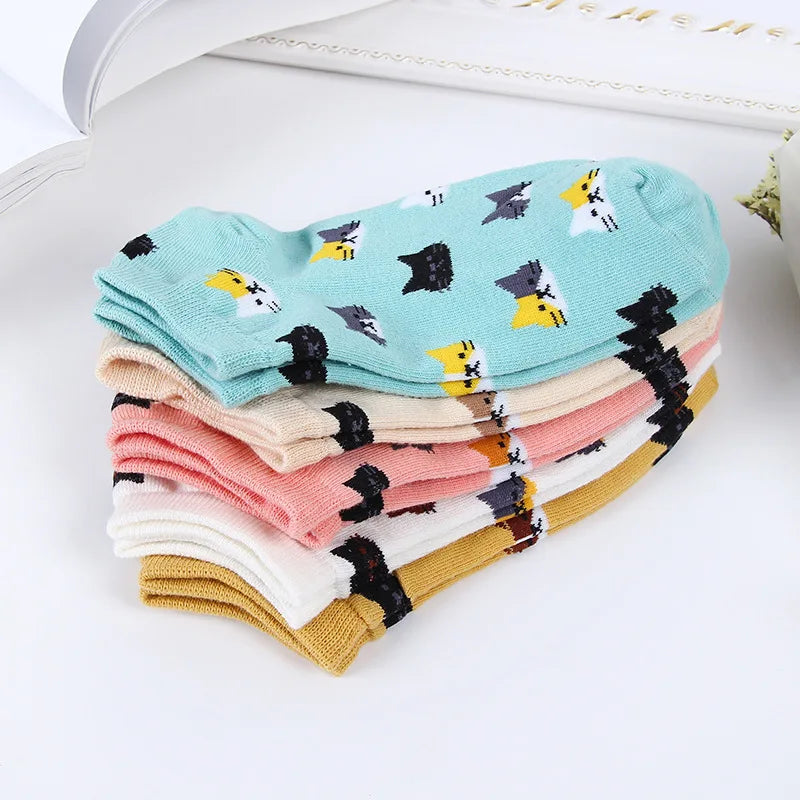 5 Pairs Women Cute Cat Socks Short Ankle Socks Cartoon Animal Kitten Korean Fashion Girls Kawaii Casual Socks Calcetines Mujer